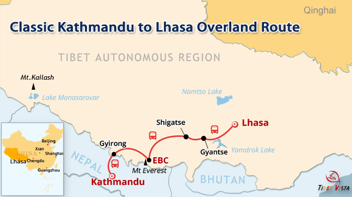 Kathmandu to Lhasa overland route on the map